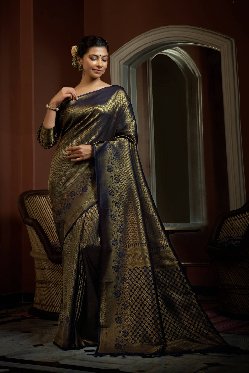 Vardha Oxford Blue Golden Zari Kanjeevaram Silk Saree | Grocsy