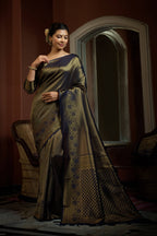 Vardha Oxford Blue Golden Zari Kanjeevaram Silk Saree | Grocsy