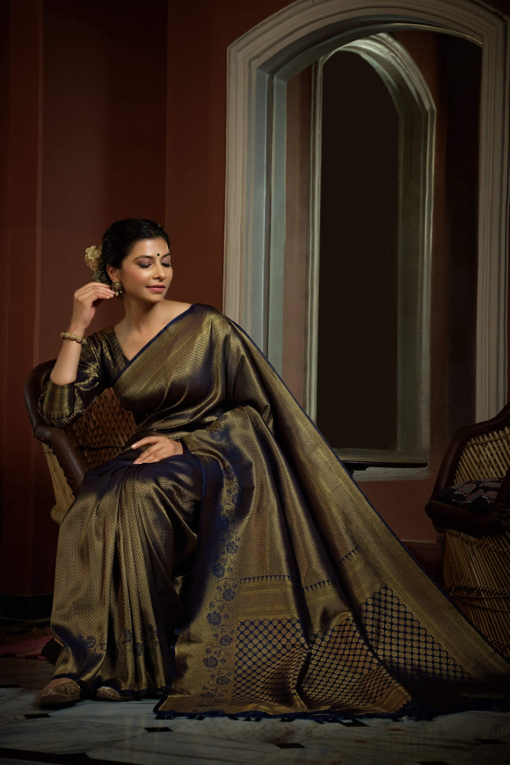 Vardha Oxford Blue Golden Zari Kanjeevaram Silk Saree | Grocsy
