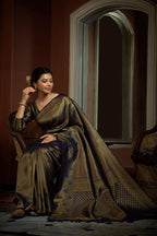 Vardha Oxford Blue Golden Zari Kanjeevaram Silk Saree | Grocsy