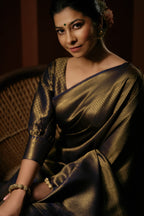 Vardha Oxford Blue Golden Zari Kanjeevaram Silk Saree | Grocsy