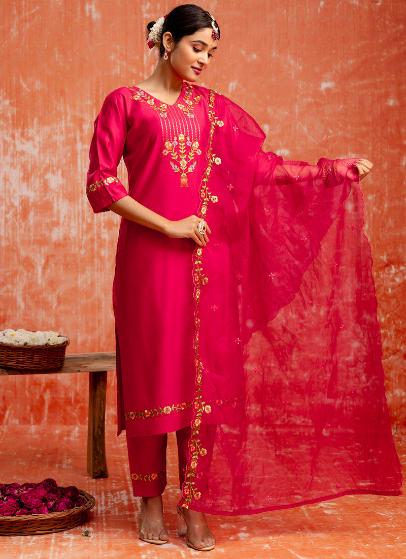 Vellora Viscose Red Casual Wear Embroidery Work Readymade Salwar Suit | Grocsy