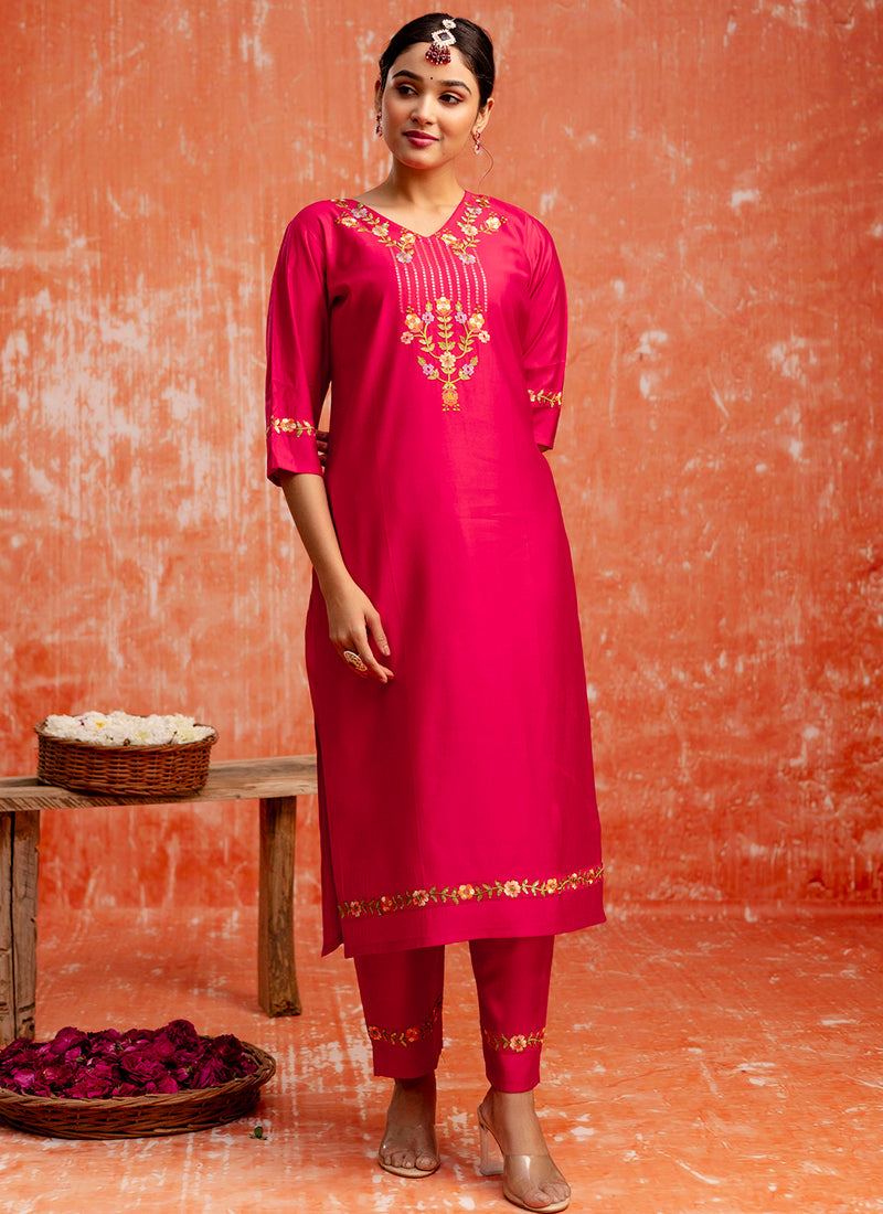 Vellora Viscose Red Casual Wear Embroidery Work Readymade Salwar Suit | Grocsy