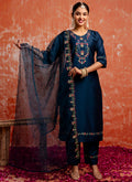 Vellora Viscose Navy Blue Casual Wear Embroidery Work Readymade Salwar Suit | Grocsy