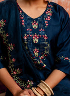 Vellora Viscose Navy Blue Casual Wear Embroidery Work Readymade Salwar Suit | Grocsy