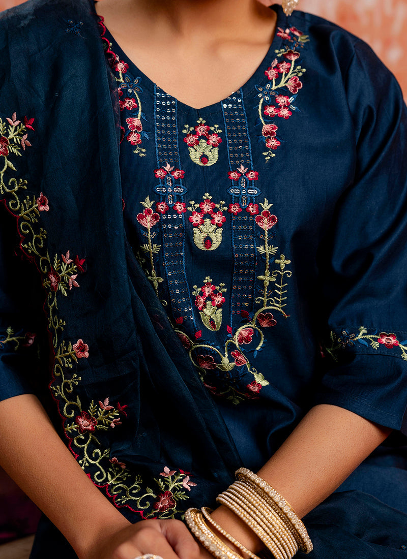Vellora Viscose Navy Blue Casual Wear Embroidery Work Readymade Salwar Suit | Grocsy