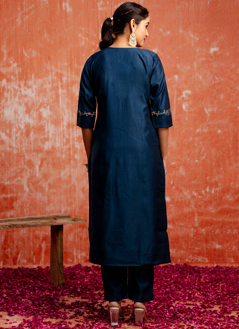Vellora Viscose Navy Blue Casual Wear Embroidery Work Readymade Salwar Suit | Grocsy