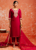 Vellora Viscose Red Casual Wear Embroidery Work Readymade Salwar Suit | Grocsy
