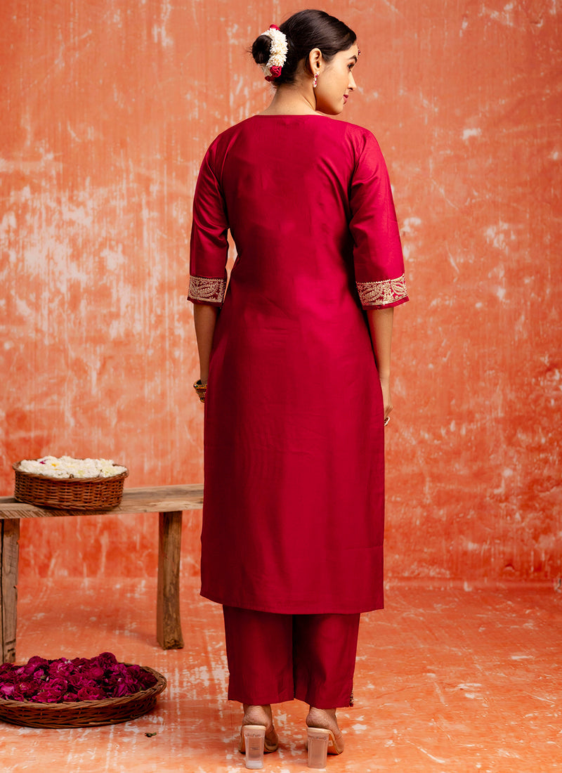Vellora Viscose Red Casual Wear Embroidery Work Readymade Salwar Suit | Grocsy