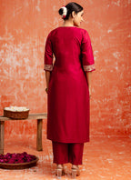 Vellora Viscose Red Casual Wear Embroidery Work Readymade Salwar Suit | Grocsy