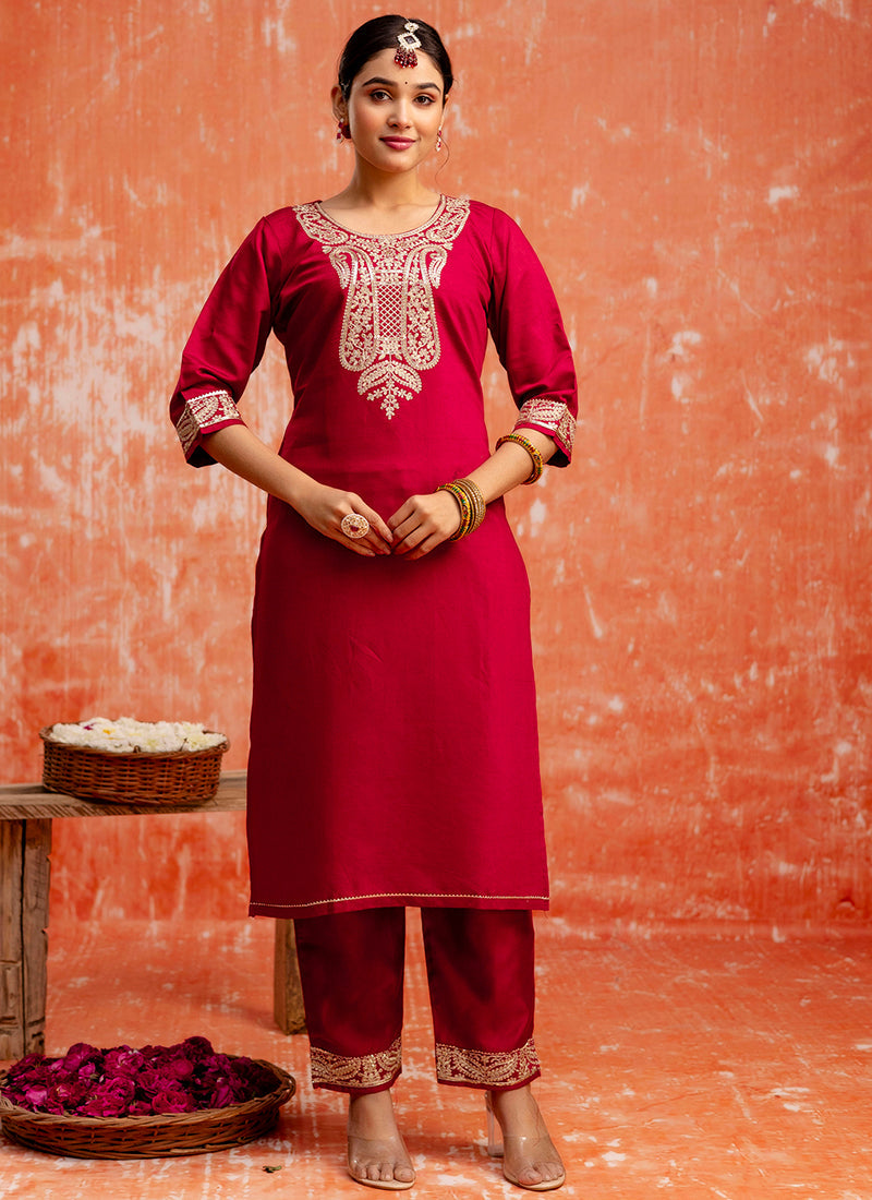 Vellora Viscose Red Casual Wear Embroidery Work Readymade Salwar Suit | Grocsy