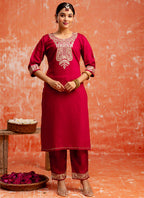 Vellora Viscose Red Casual Wear Embroidery Work Readymade Salwar Suit | Grocsy