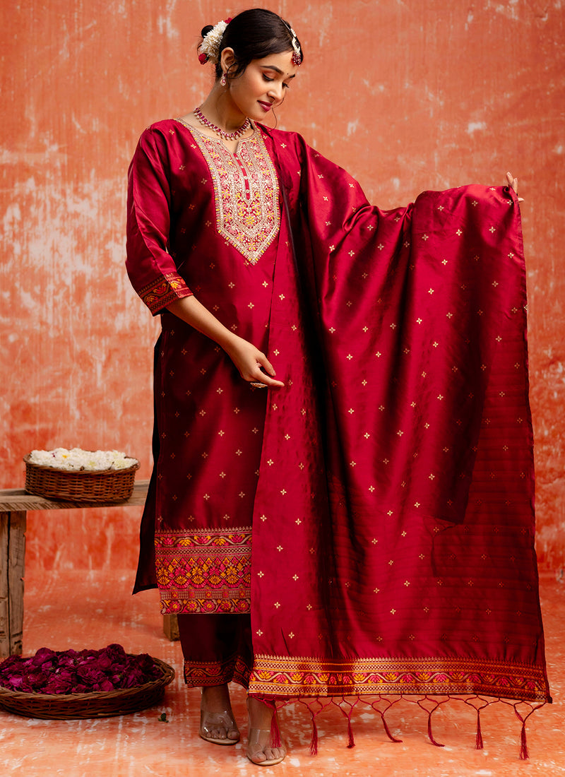 Vellora Cotton Silk Blend Red Casual Wear Embroidery Work Readymade Salwar Suit | Grocsy