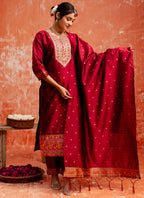 Vellora Cotton Silk Blend Red Casual Wear Embroidery Work Readymade Salwar Suit | Grocsy