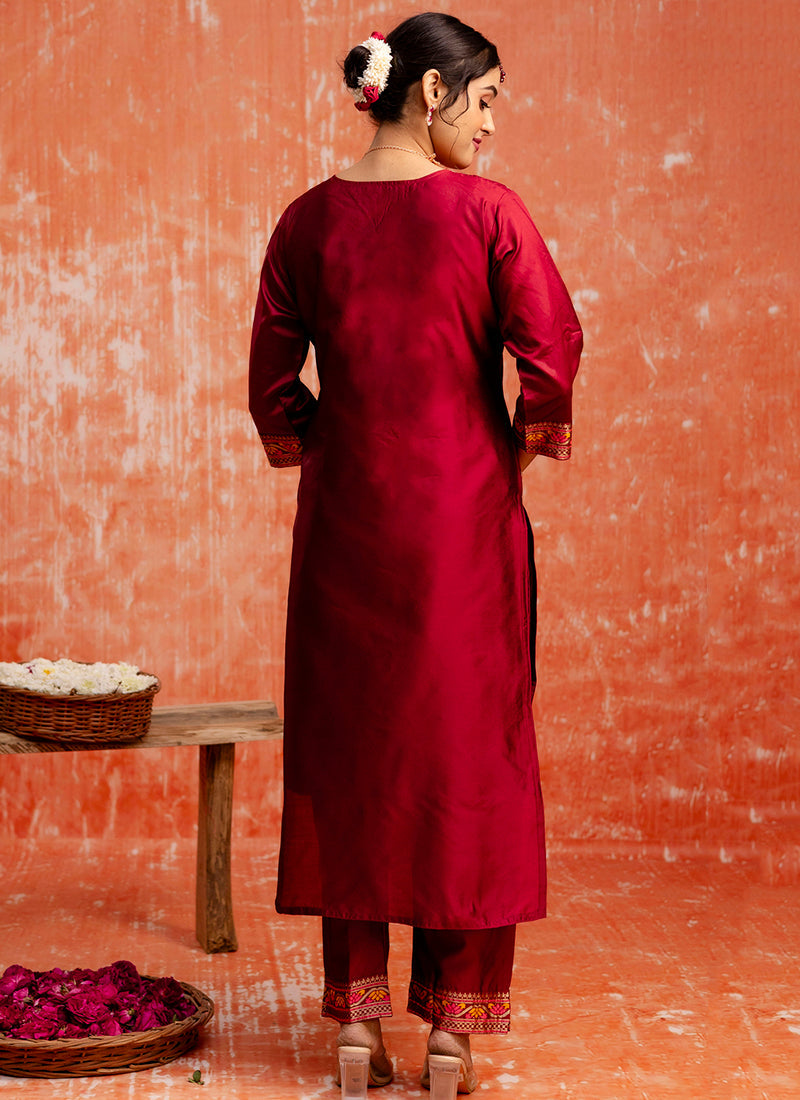 Vellora Cotton Silk Blend Red Casual Wear Embroidery Work Readymade Salwar Suit | Grocsy