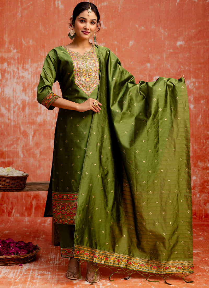 Vellora Cotton Silk Blend Mehendi Casual Wear Embroidery Work Readymade Salwar Suit | Grocsy