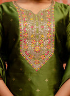 Vellora Cotton Silk Blend Mehendi Casual Wear Embroidery Work Readymade Salwar Suit | Grocsy