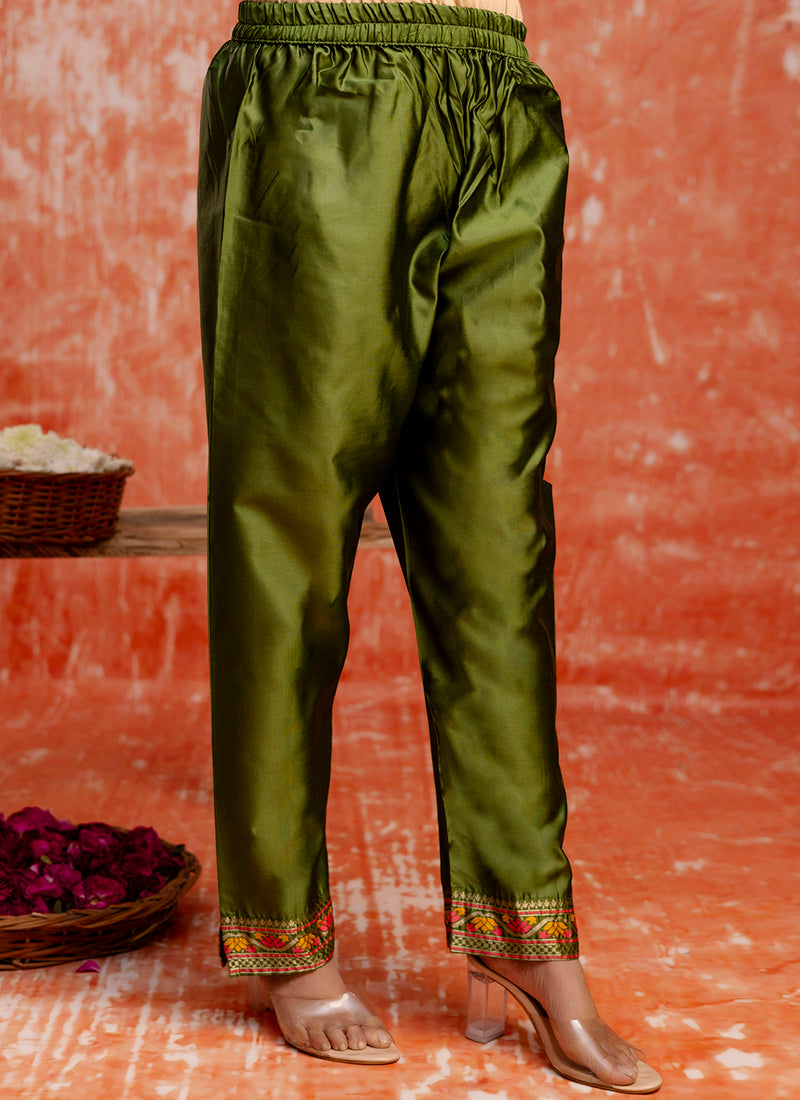 Vellora Cotton Silk Blend Mehendi Casual Wear Embroidery Work Readymade Salwar Suit | Grocsy