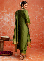 Vellora Cotton Silk Blend Mehendi Casual Wear Embroidery Work Readymade Salwar Suit | Grocsy