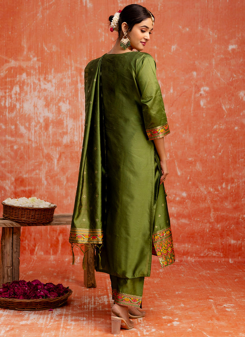 Vellora Cotton Silk Blend Mehendi Casual Wear Embroidery Work Readymade Salwar Suit | Grocsy