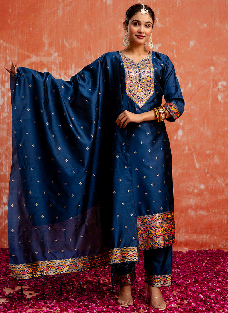 Vellora Cotton Silk Blend Navy Blue Casual Wear Embroidery Work Readymade Salwar Suit | Grocsy