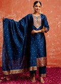 Vellora Cotton Silk Blend Navy Blue Casual Wear Embroidery Work Readymade Salwar Suit | Grocsy