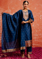 Vellora Cotton Silk Blend Navy Blue Casual Wear Embroidery Work Readymade Salwar Suit | Grocsy