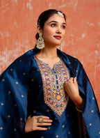 Vellora Cotton Silk Blend Navy Blue Casual Wear Embroidery Work Readymade Salwar Suit | Grocsy