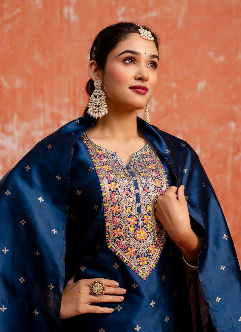 Vellora Cotton Silk Blend Navy Blue Casual Wear Embroidery Work Readymade Salwar Suit | Grocsy
