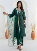 Vellora Chanderi Silk Dark Green Casual Wear Embroidery Work Readymade Salwar Suit | Grocsy