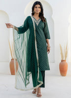 Vellora Chanderi Silk Dark Green Casual Wear Embroidery Work Readymade Salwar Suit | Grocsy
