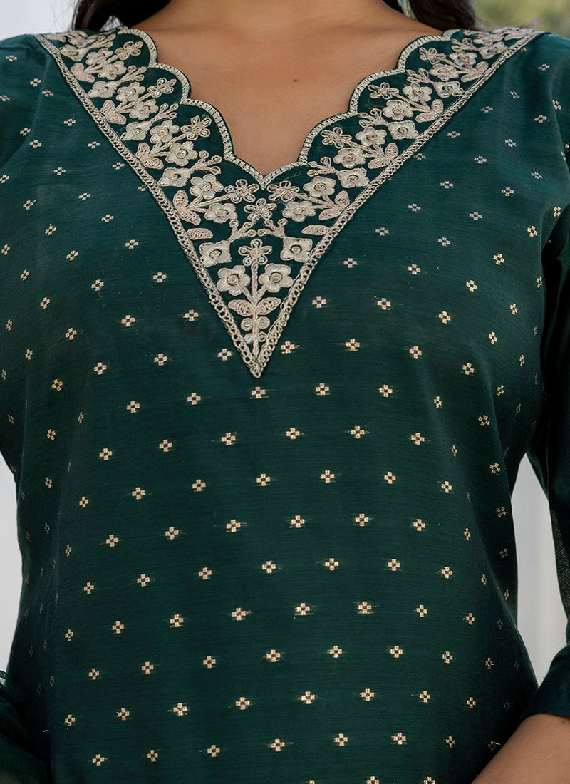 Vellora Chanderi Silk Dark Green Casual Wear Embroidery Work Readymade Salwar Suit | Grocsy