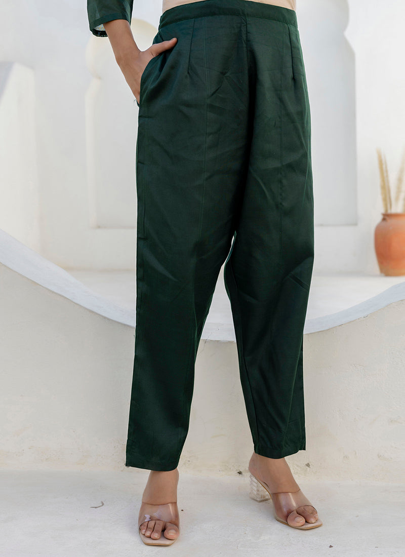 Vellora Chanderi Silk Dark Green Casual Wear Embroidery Work Readymade Salwar Suit | Grocsy