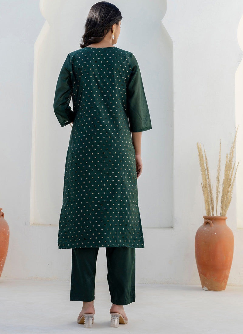 Vellora Chanderi Silk Dark Green Casual Wear Embroidery Work Readymade Salwar Suit | Grocsy