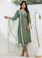 Vellora Chanderi Silk Mehendi Casual Wear Embroidery Work Readymade Salwar Suit | Grocsy