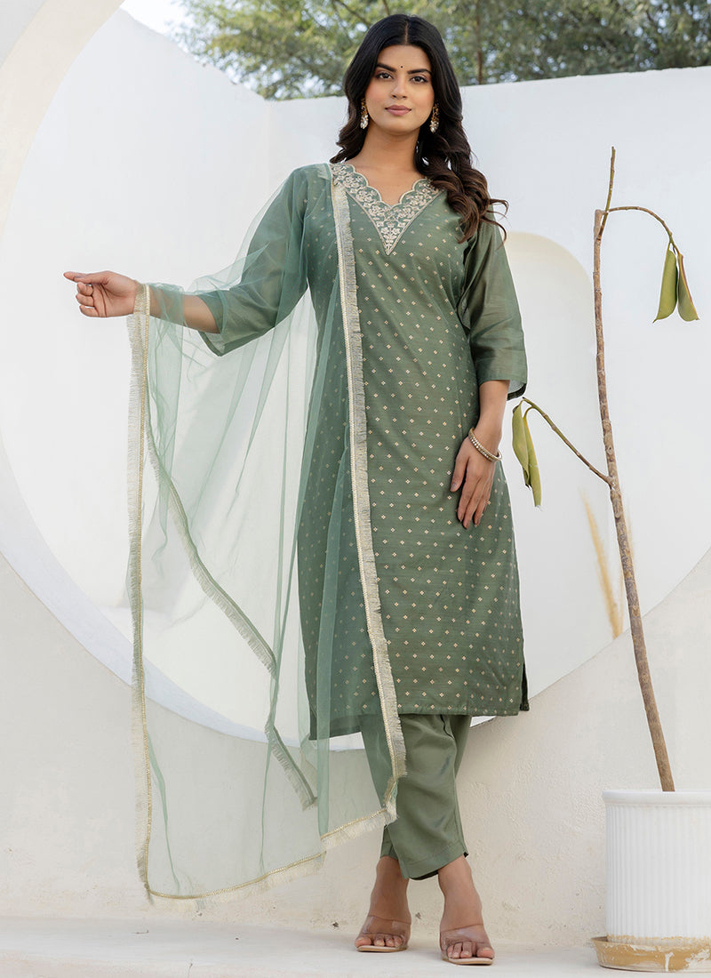 Vellora Chanderi Silk Mehendi Casual Wear Embroidery Work Readymade Salwar Suit | Grocsy