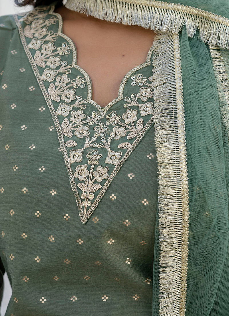 Vellora Chanderi Silk Mehendi Casual Wear Embroidery Work Readymade Salwar Suit | Grocsy