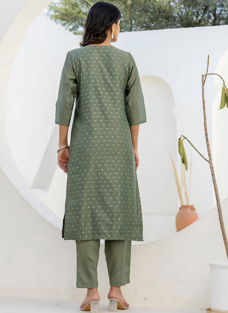Vellora Chanderi Silk Mehendi Casual Wear Embroidery Work Readymade Salwar Suit | Grocsy