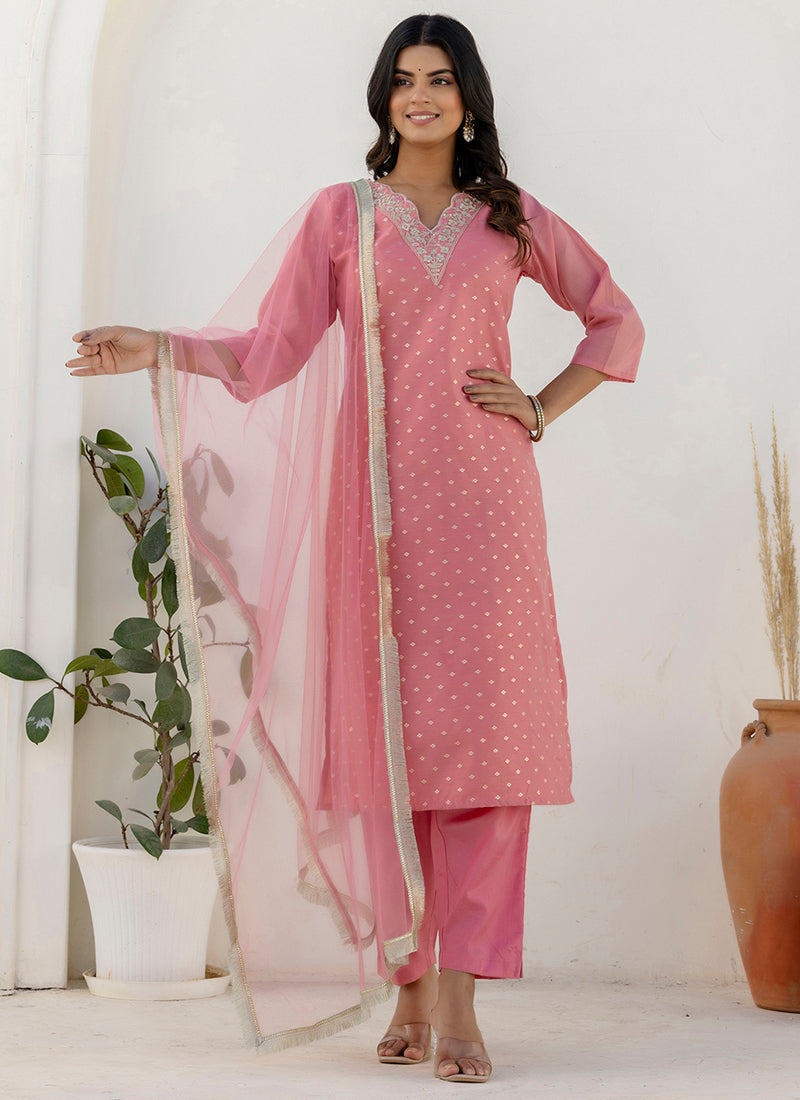 Vellora Chanderi Silk Pink Casual Wear Embroidery Work Readymade Salwar Suit | Grocsy