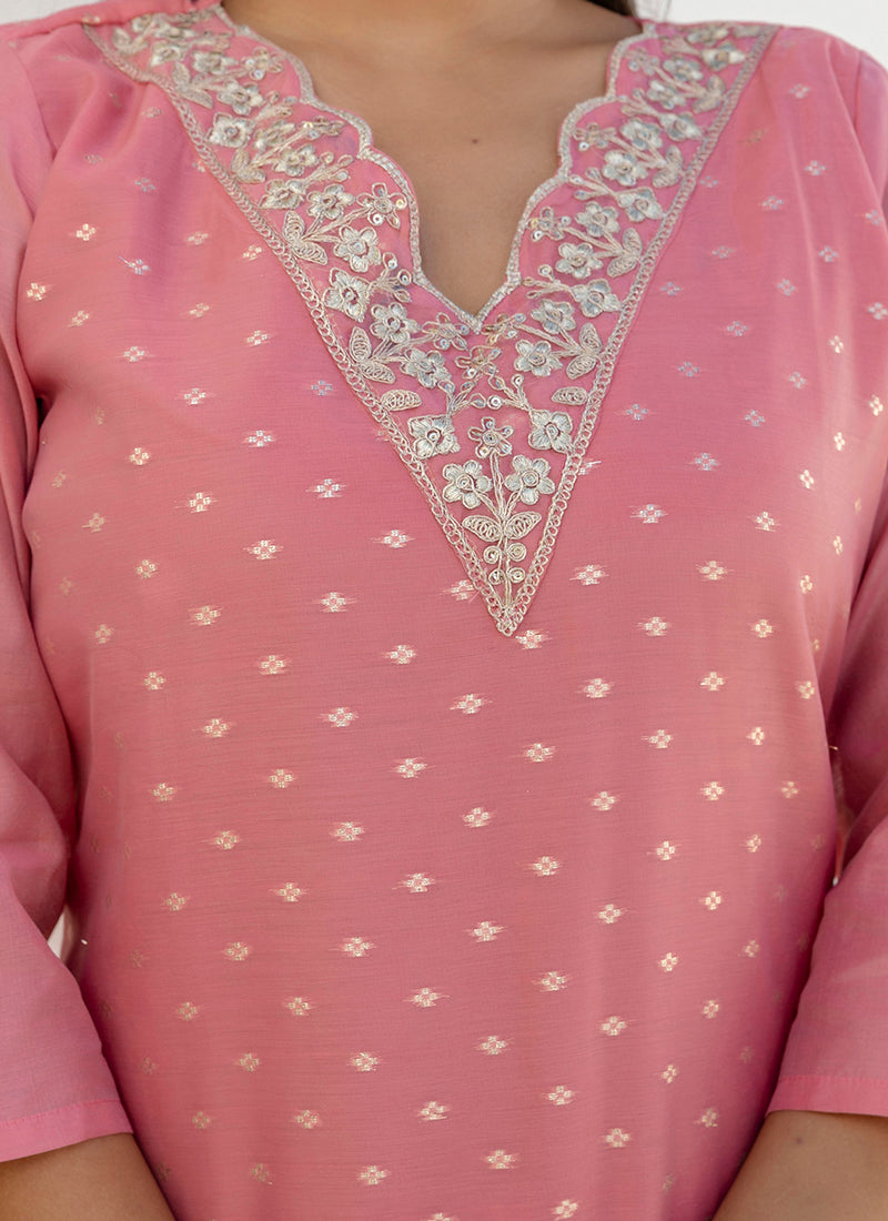 Vellora Chanderi Silk Pink Casual Wear Embroidery Work Readymade Salwar Suit | Grocsy