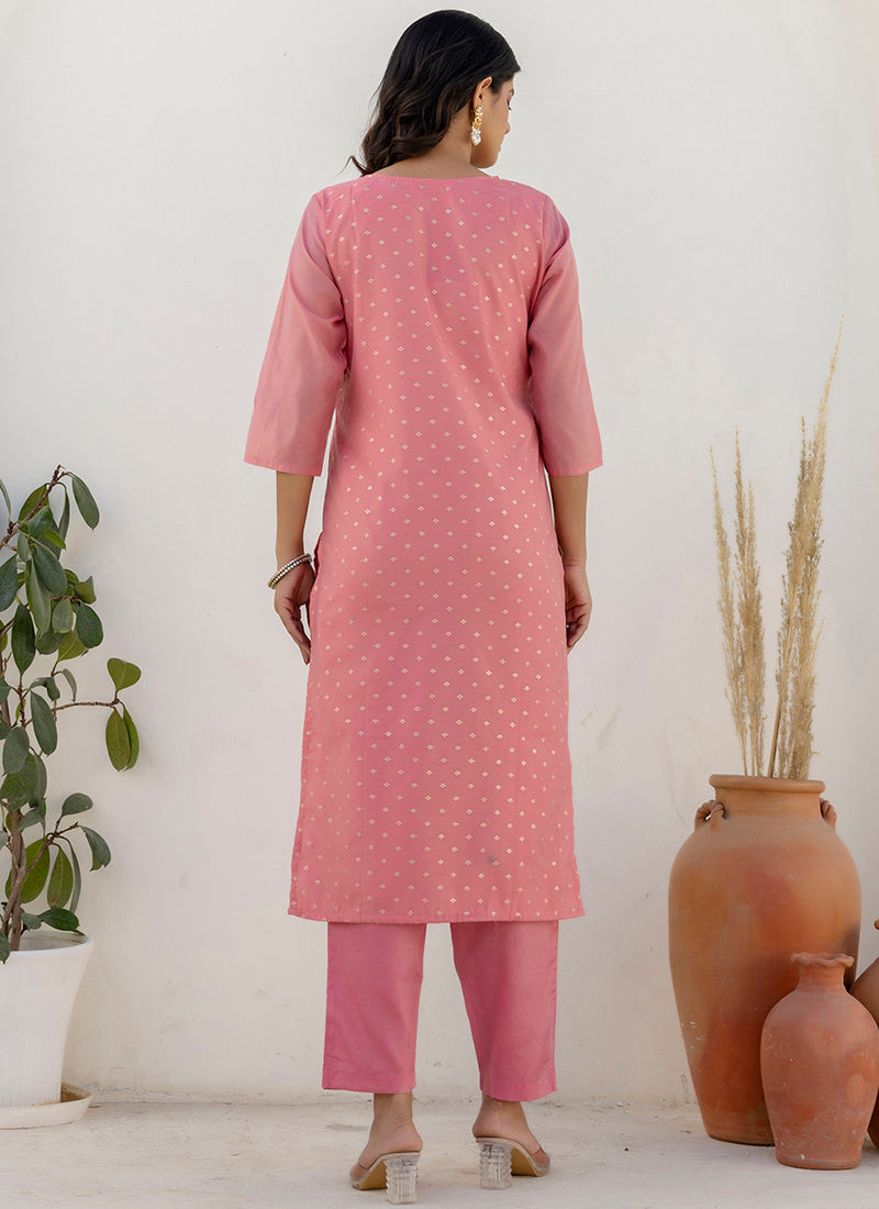 Vellora Chanderi Silk Pink Casual Wear Embroidery Work Readymade Salwar Suit | Grocsy