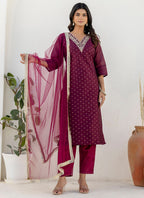 Vellora Chanderi Silk Wine Casual Wear Embroidery Work Readymade Salwar Suit | Grocsy