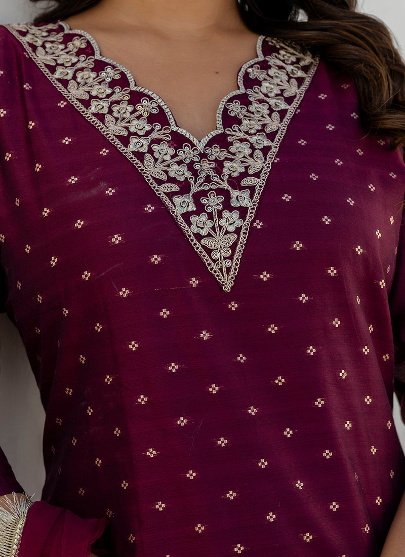 Vellora Chanderi Silk Wine Casual Wear Embroidery Work Readymade Salwar Suit | Grocsy