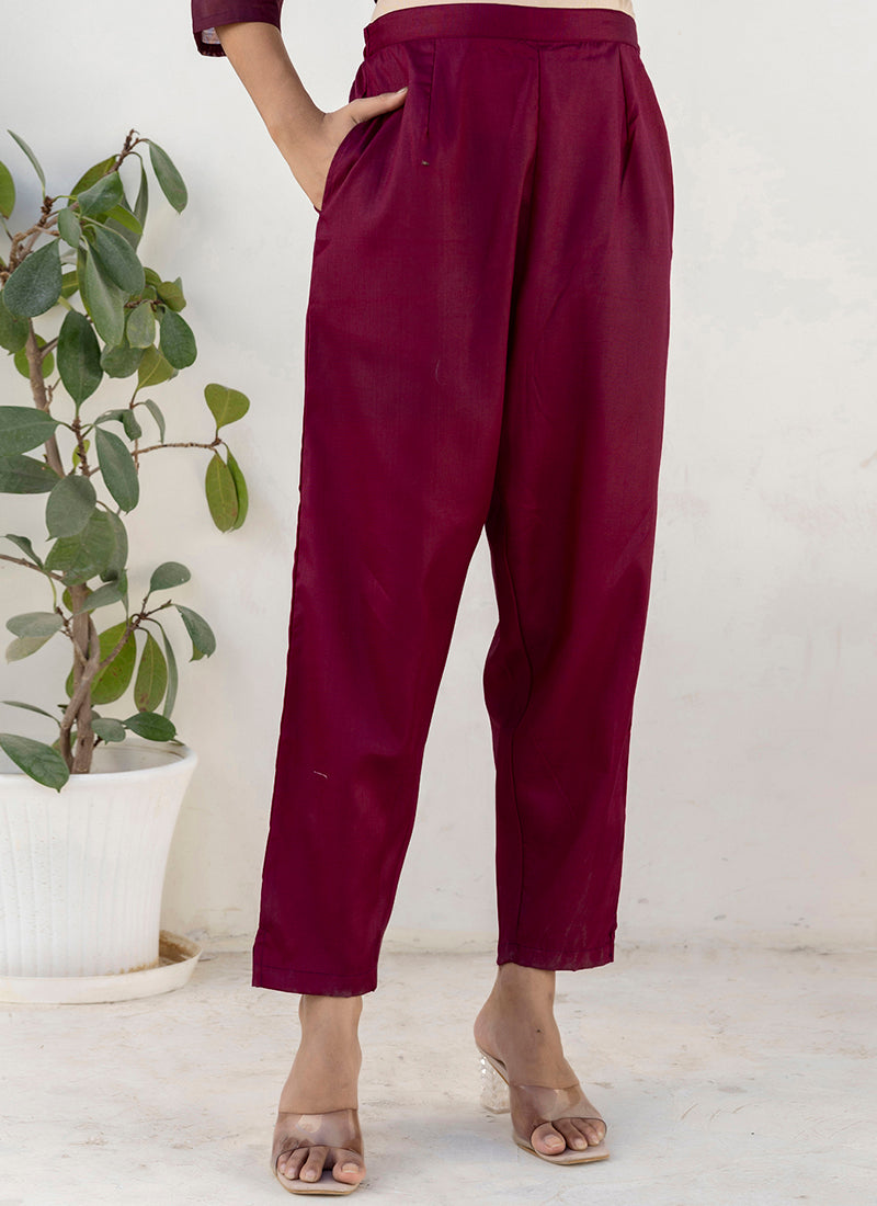 Vellora Chanderi Silk Wine Casual Wear Embroidery Work Readymade Salwar Suit | Grocsy