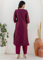 Vellora Chanderi Silk Wine Casual Wear Embroidery Work Readymade Salwar Suit | Grocsy