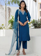 Vellora Chanderi Silk Navy Blue Casual Wear Embroidery Work Readymade Salwar Suit | Grocsy