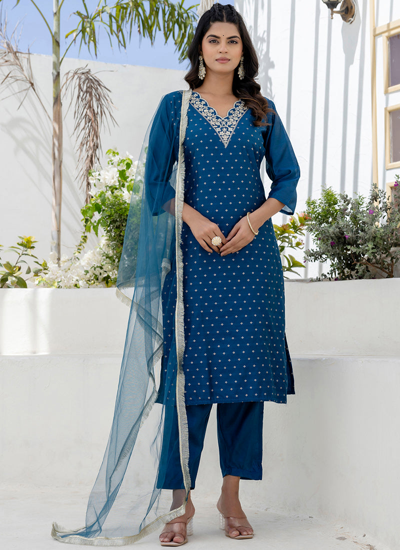 Vellora Chanderi Silk Navy Blue Casual Wear Embroidery Work Readymade Salwar Suit | Grocsy
