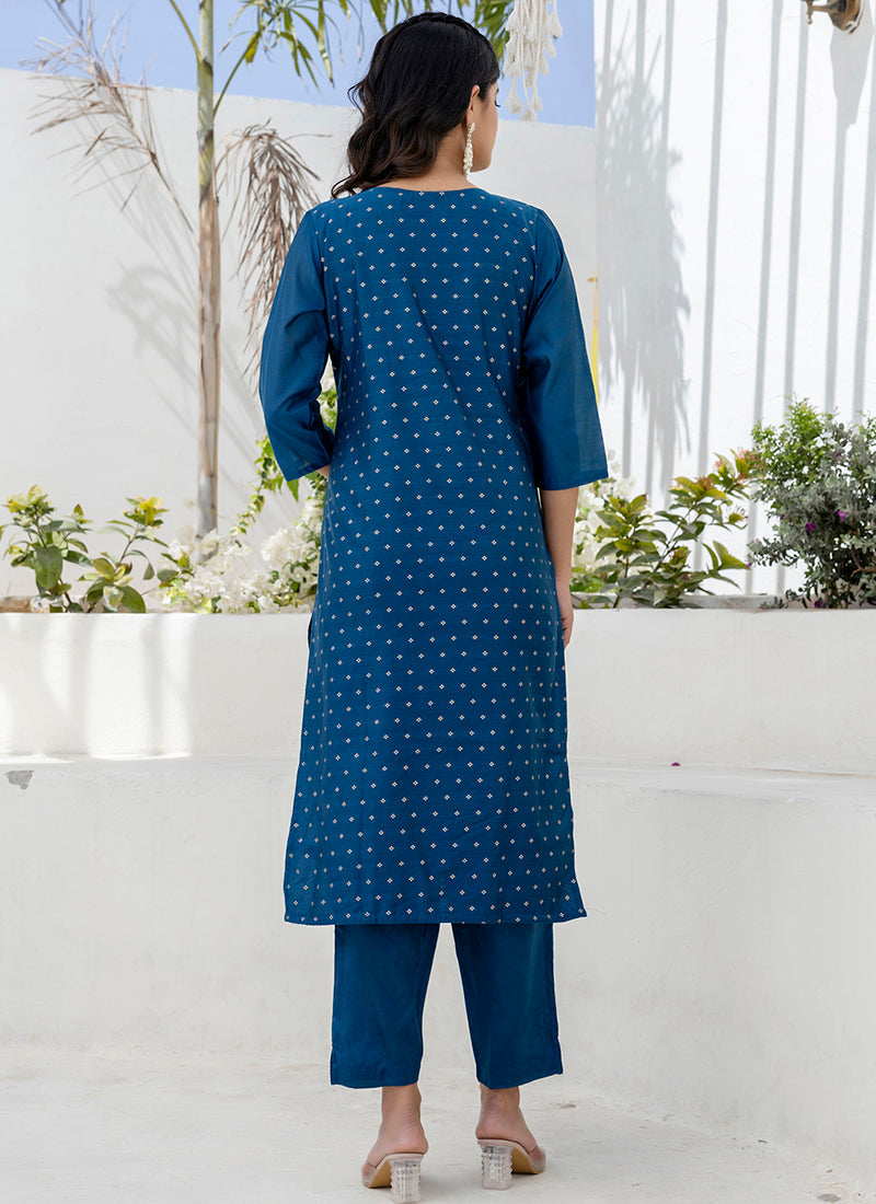 Vellora Chanderi Silk Navy Blue Casual Wear Embroidery Work Readymade Salwar Suit | Grocsy
