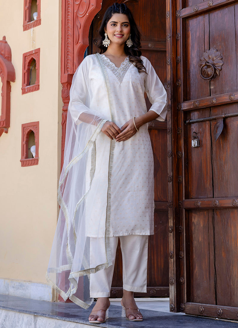 Vellora Chanderi Silk White Casual Wear Embroidery Work Readymade Salwar Suit | Grocsy