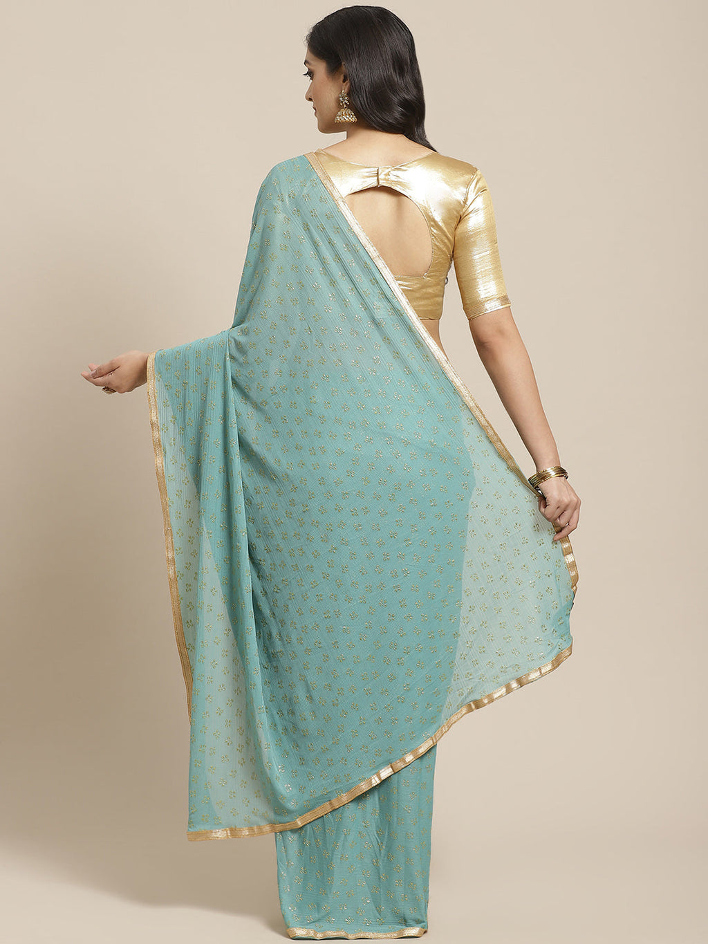 Saree Mall Blue & Golden Quirky Print Saree | Grocsy